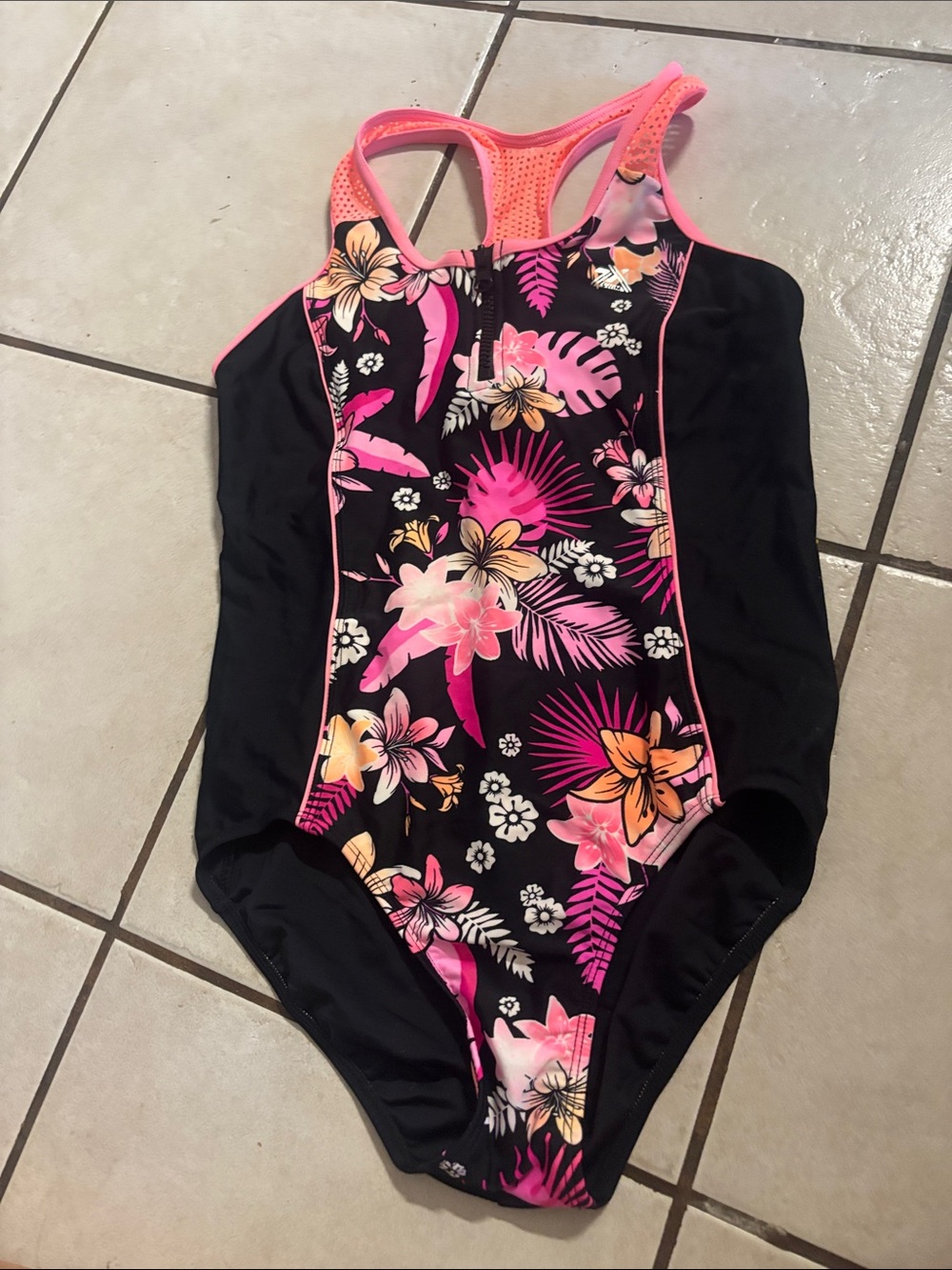 ZeroXposur Black One-Piece Swimsuit with Pink Floral Print